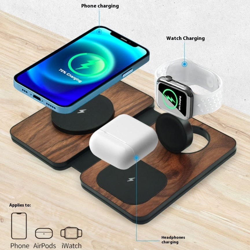 Eco-style three-in-one wireless charger made of walnut wood for daily use