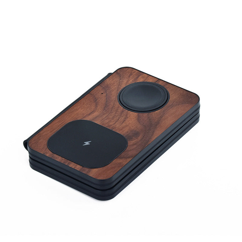 Foldable wooden wireless charging station for smartphone, smartwatch, and earbuds