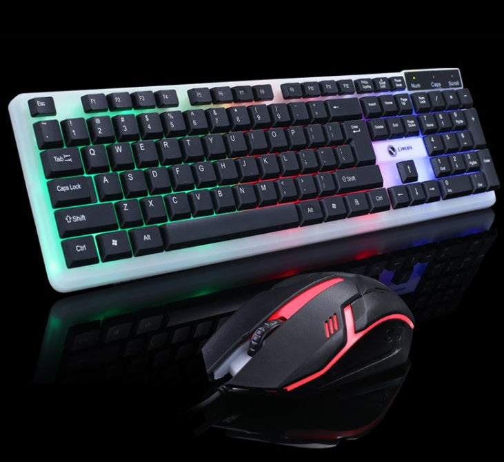 Illuminated gaming keyboard and mouse with RGB lighting effects