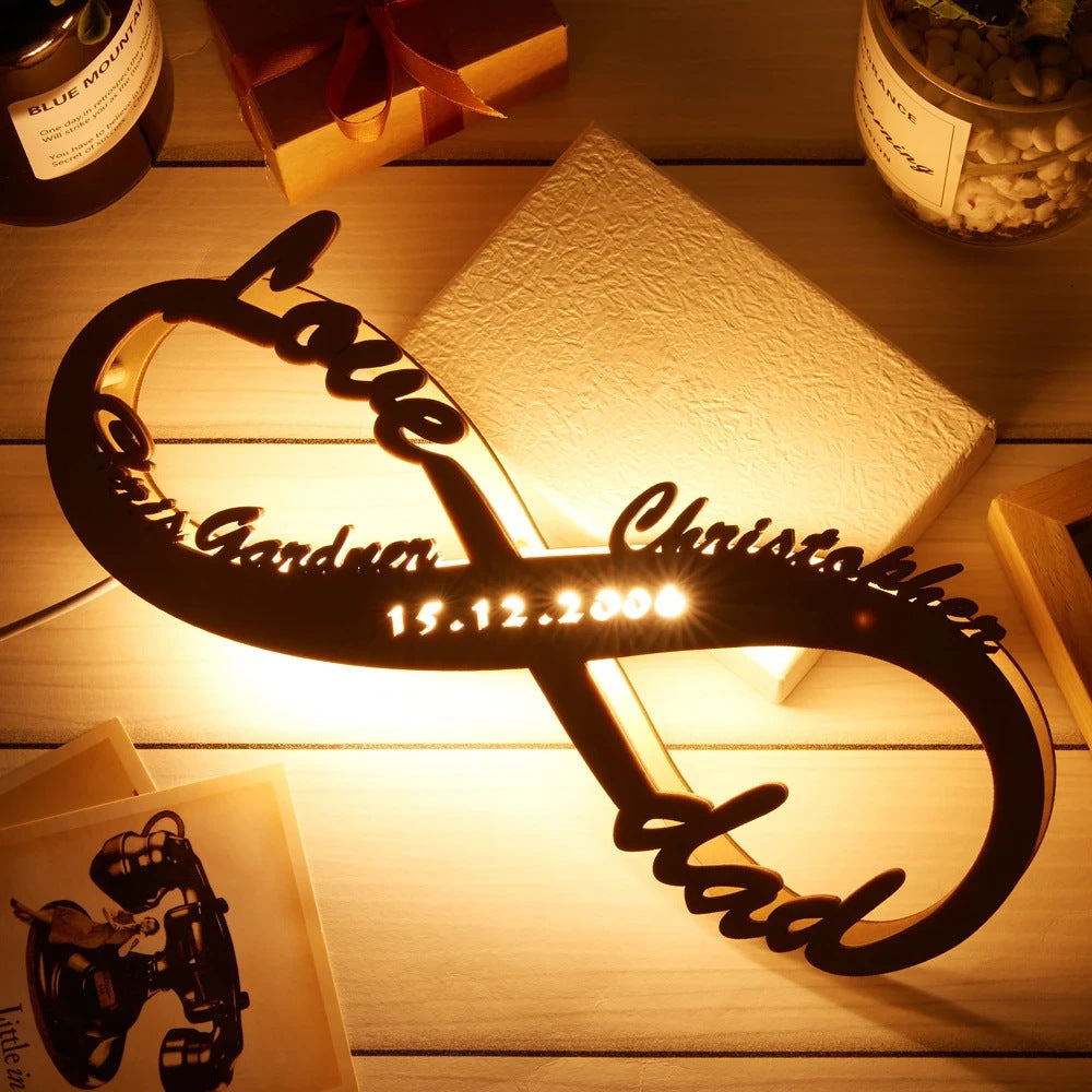 Personalized wooden lamp with infinity symbol and custom couple names for romantic decor

