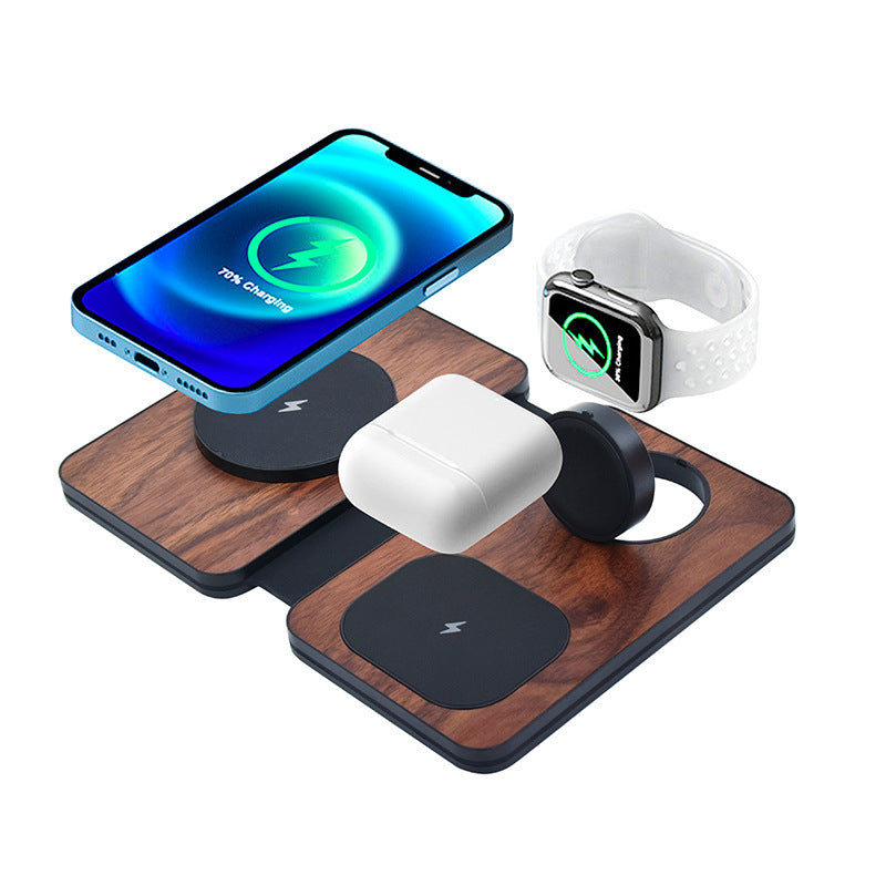 Eco-style three-in-one wireless charger made of walnut wood for daily use