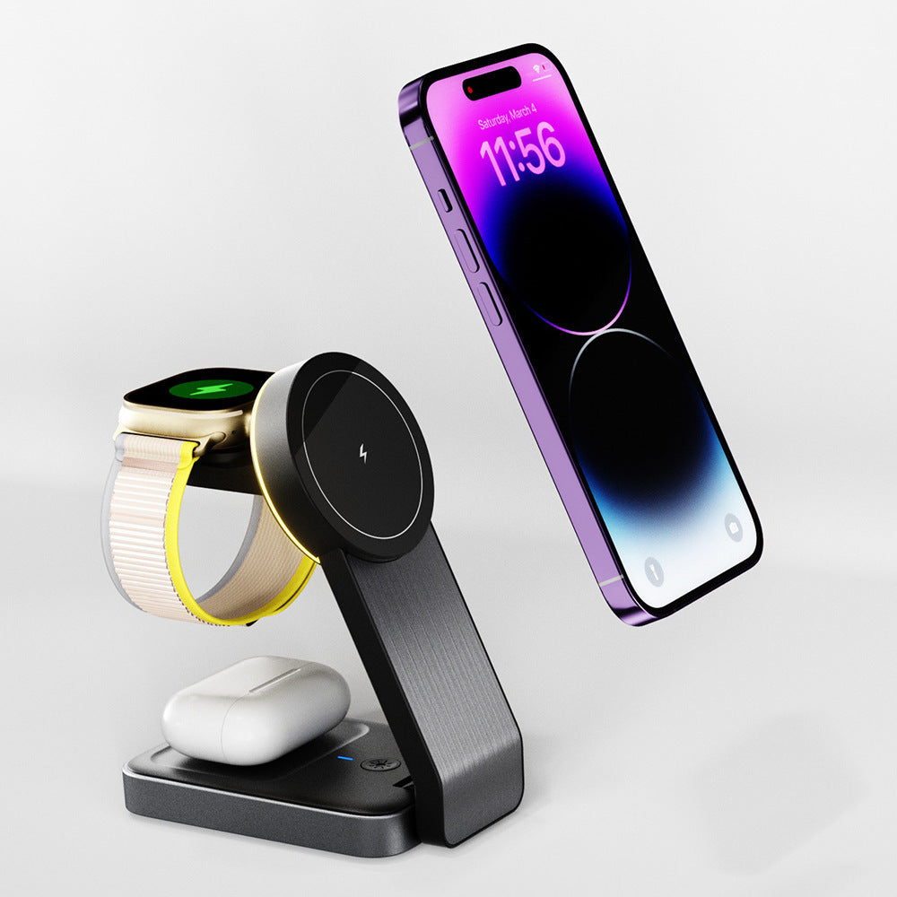 Fast wireless charging dock for iPhone, Apple Watch, and AirPods on nightstand