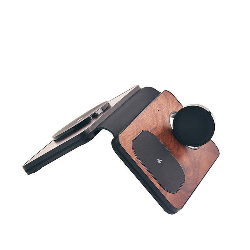 Sleek walnut foldable charging dock for phone, watch, and wireless earbuds