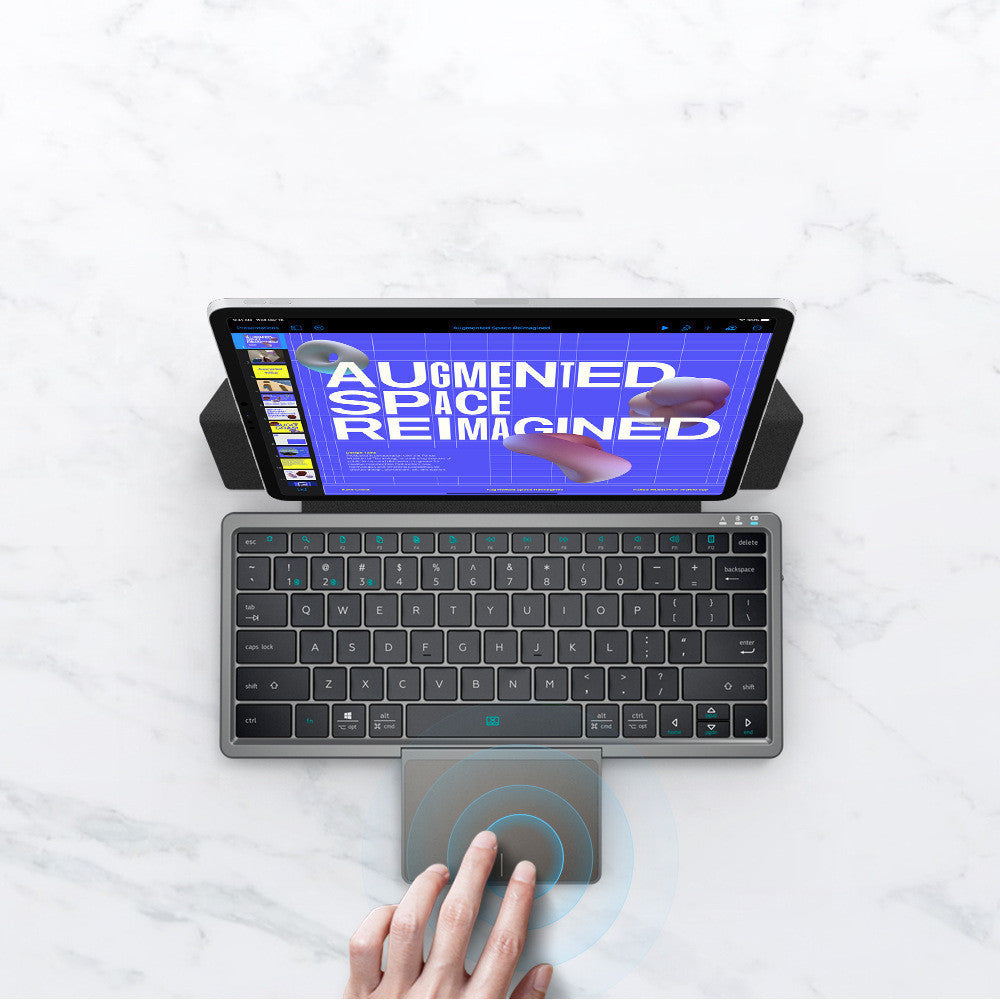 Portable wireless Bluetooth keyboard with built-in concealable touchpad, compact and sleek design for mobile and desktop use