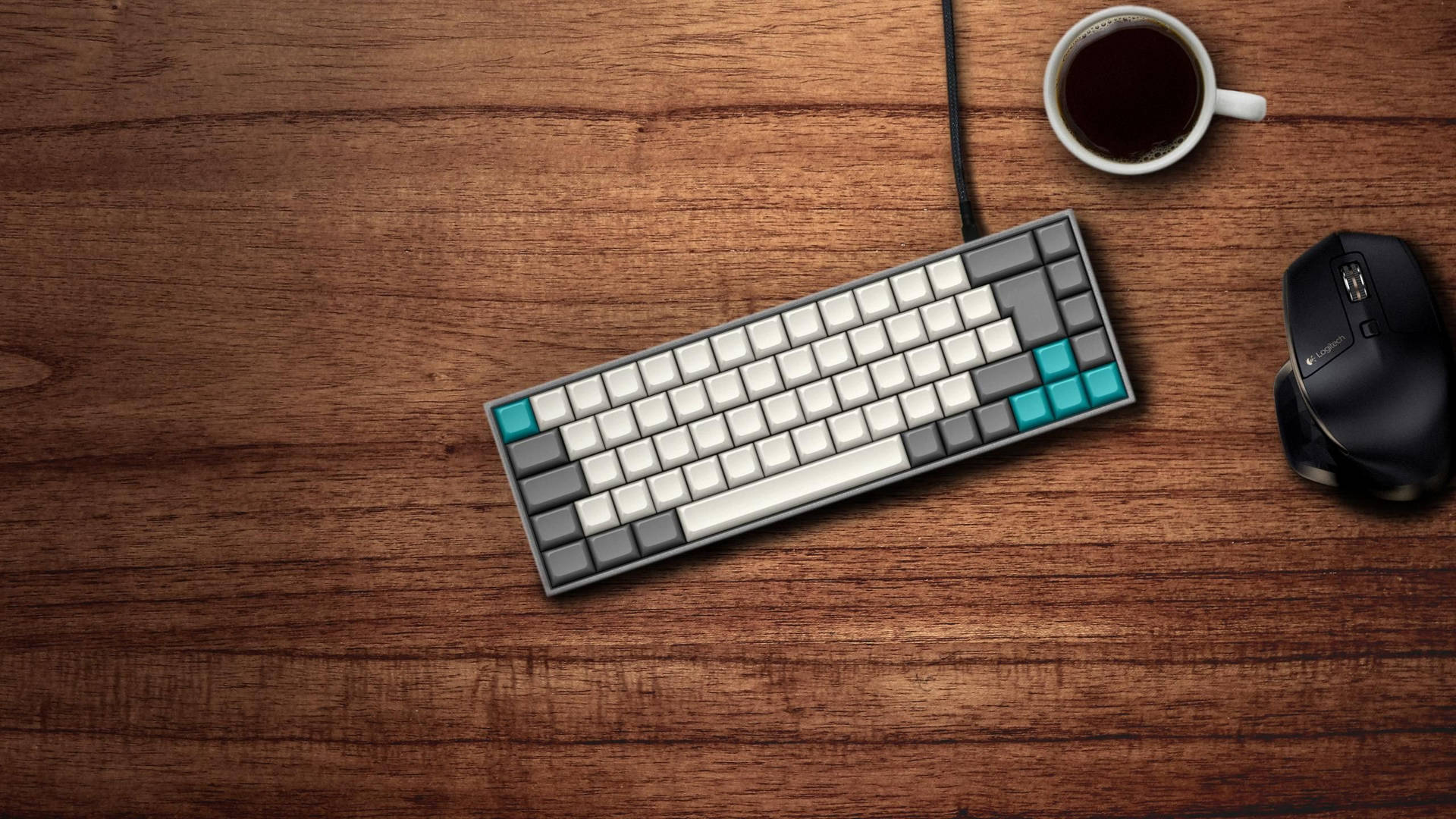 Modern mechanical keyboard with teal, white, and gray keycaps on a wooden desk, alongside a Logitech ergonomic mouse and a cup of coffee. Perfect minimalist setup for tech enthusiasts, featured at PixelNest7.

